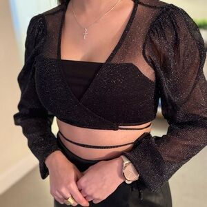Bluesteel Black Sheer Sparkle Puff Sleeve Wrap Crop Top XS